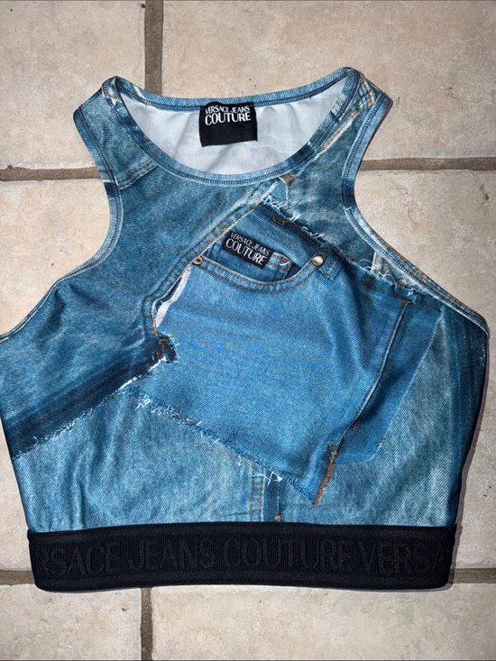 Versace Jeans Collection Tops - Versace Jeans Collection Blue Denim-Print Crop Top